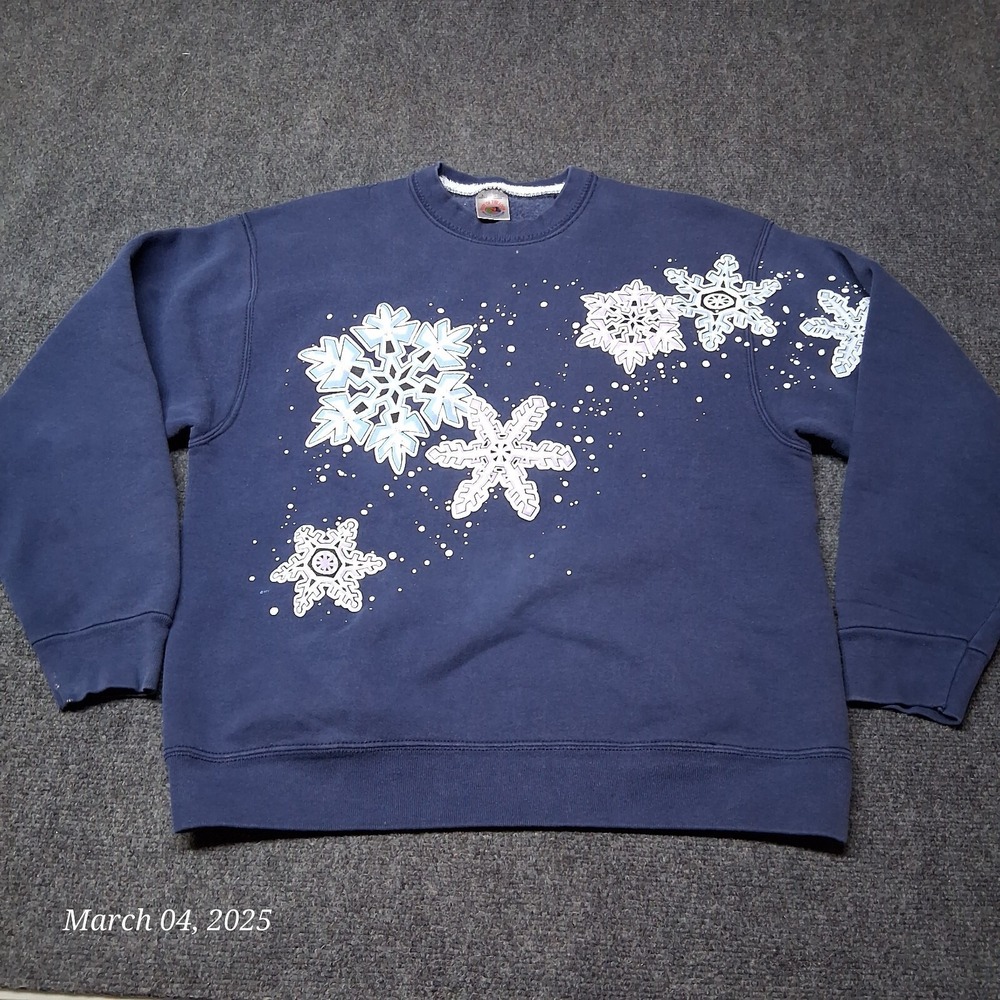 VTG Fruit of The Loom Sweatshirt Adult Large Blue W/ Snowflakes Heavy Cotton